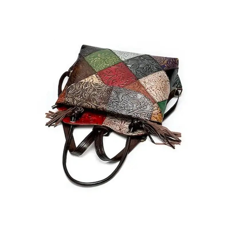 Sac à dos cuir véritable femme avec patchwork multicolore, motifs floraux embossés et tassels