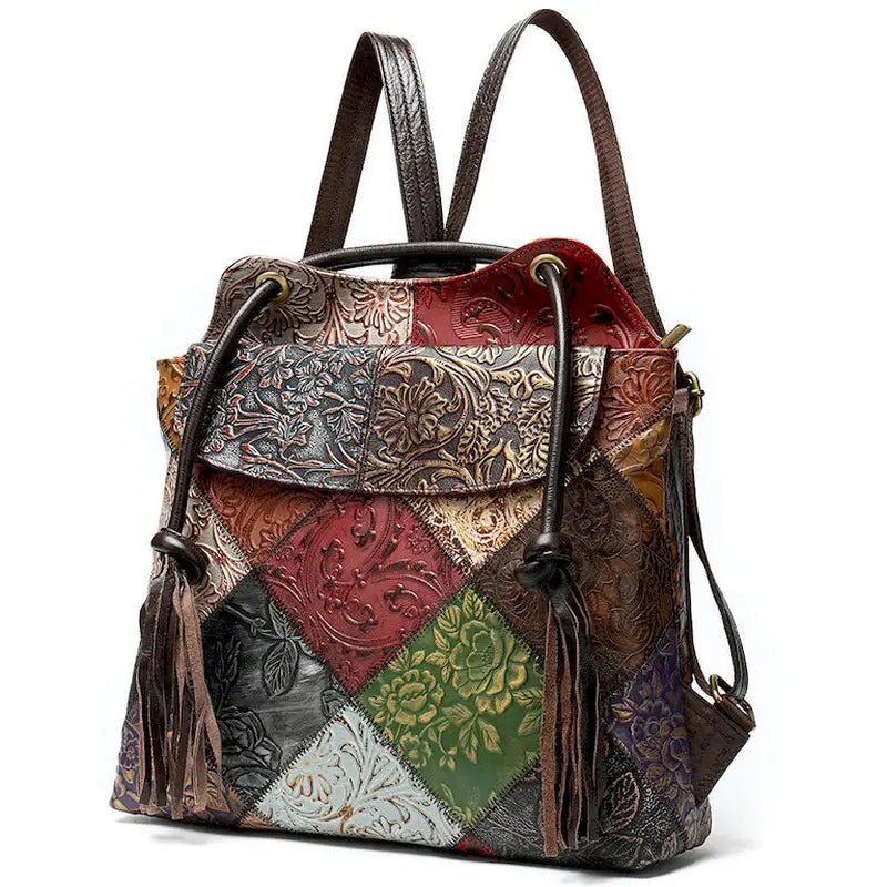 Sac à dos en cuir véritable femme avec patchwork coloré, motifs floraux embossés et cordon de serrage