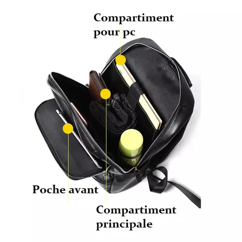 Sac à dos cuir véritable homme en cuir noir avec plusieurs compartiments pour l’organisation