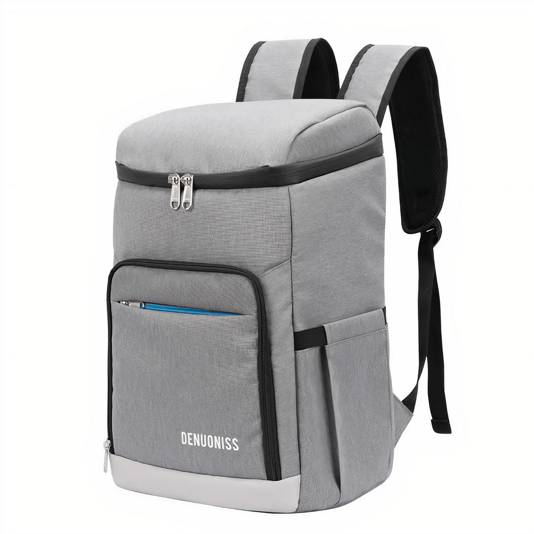 Sac à dos de camping isotherme gris avec isolation, double zippers et poche avant