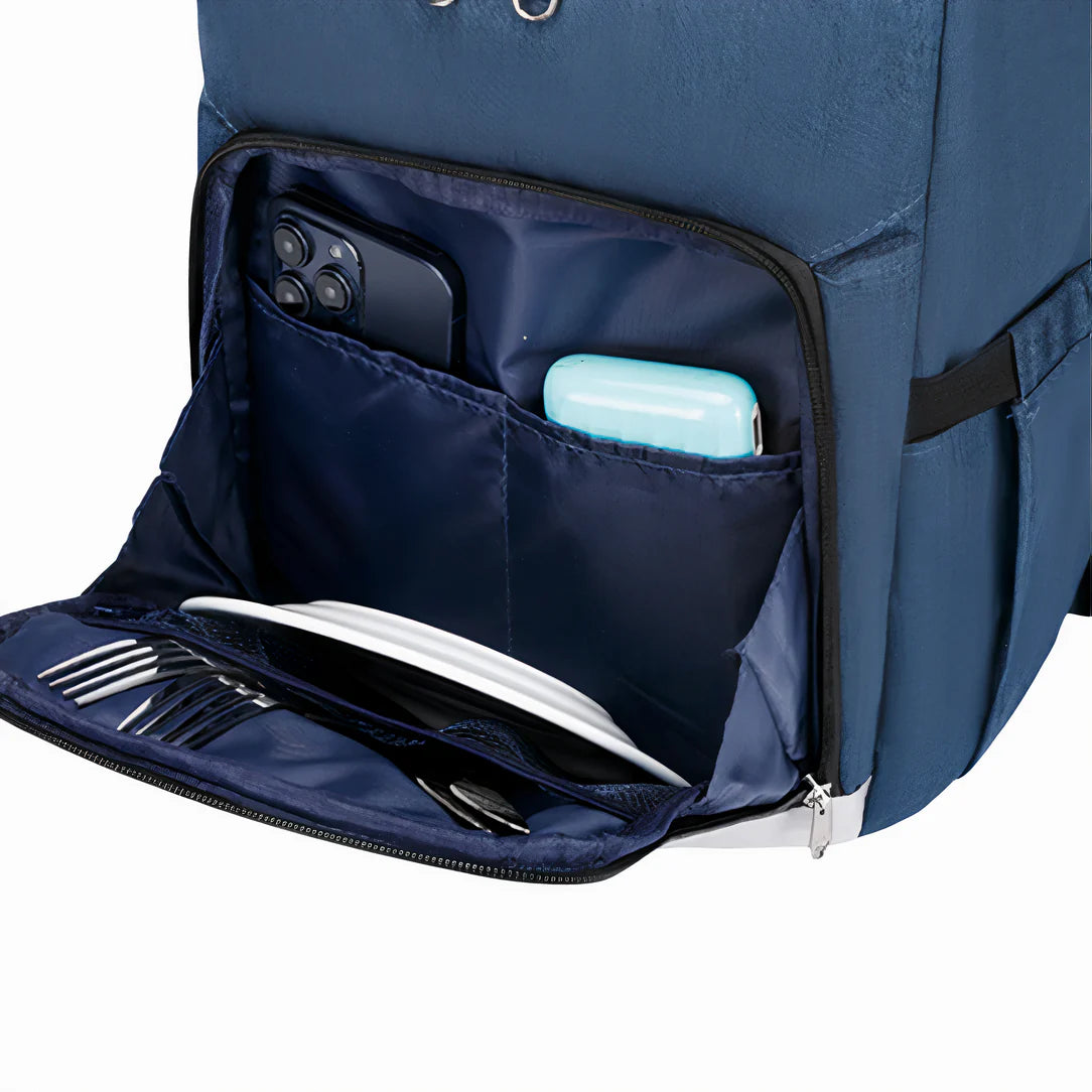 Sac à dos de camping isotherme 24L bleu avec compartiments pour pique-nique et accessoires