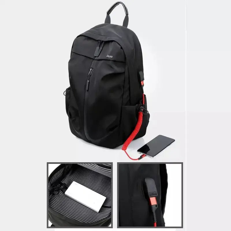Sac à dos de cours moderne noir avec port USB externe et poche pour banque d’énergie