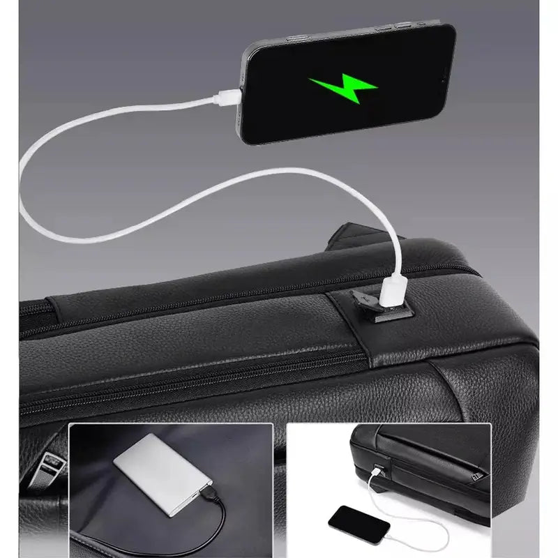 Sac à dos de luxe pour ordinateur en cuir noir avec port de chargement USB intégré