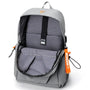 Sac à dos de lycée gris ouvert avec doublure rayée et étiquette orange