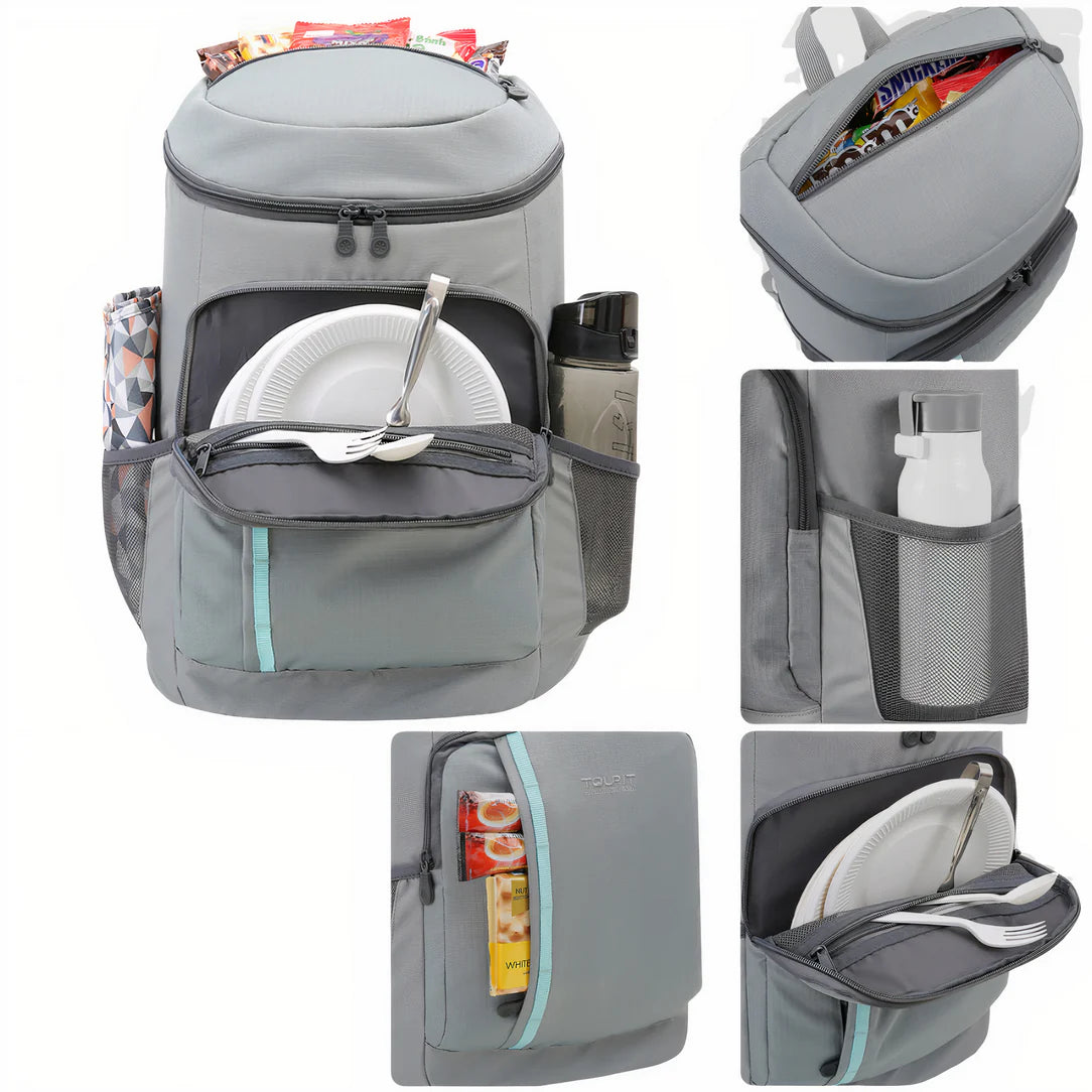 Sac à dos de marche isotherme gris avec compartiments pour nourriture et boissons