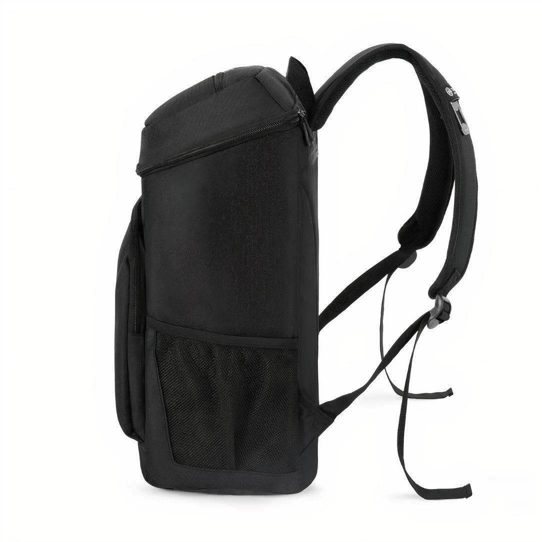 Sac à dos de marche isotherme noir cylindrique avec zip latéral et poche en mesh