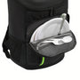 Sac à dos de marche isotherme noir avec poche frontale contenant assiettes en papier et couverts jetables