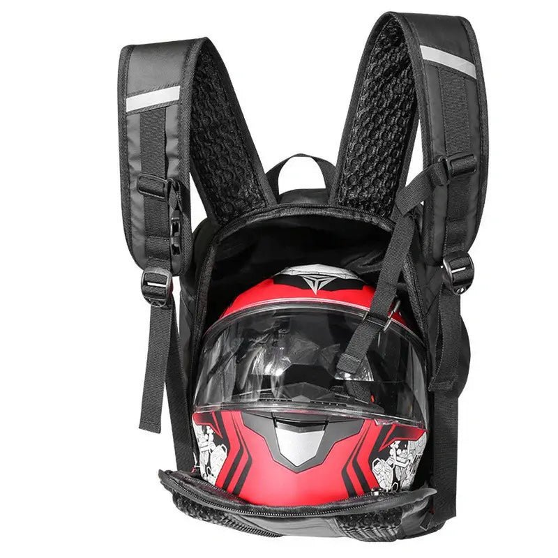 Sac à dos de moto noir avec porte-helmet intégré pour cyclistes et motards