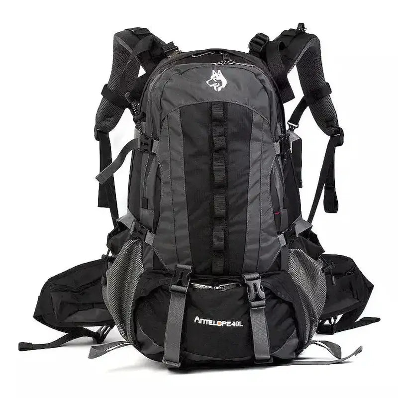 Sac à dos de randonnée 40L noir et gris avec plusieurs compartiments et sangles