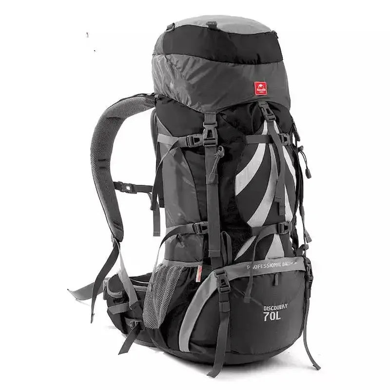 Sac à dos de randonnée 70L gris et noir avec bretelles ajustables et plusieurs compartiments