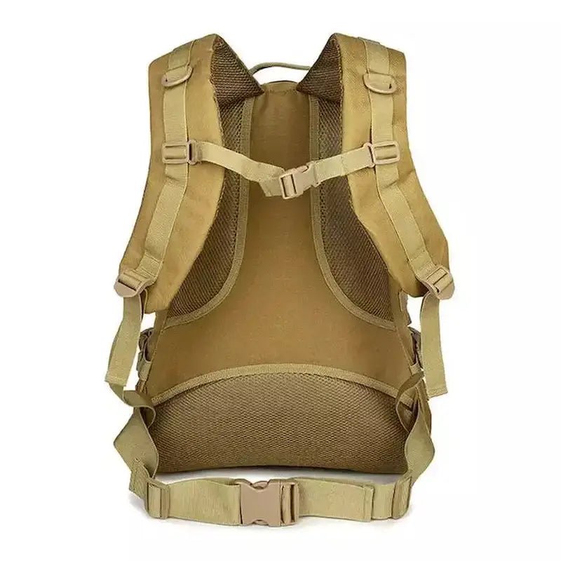 Sac à dos de randonnée homme vue arrière, tan, avec bretelles ajustables et panneau dorsal rembourré en mesh