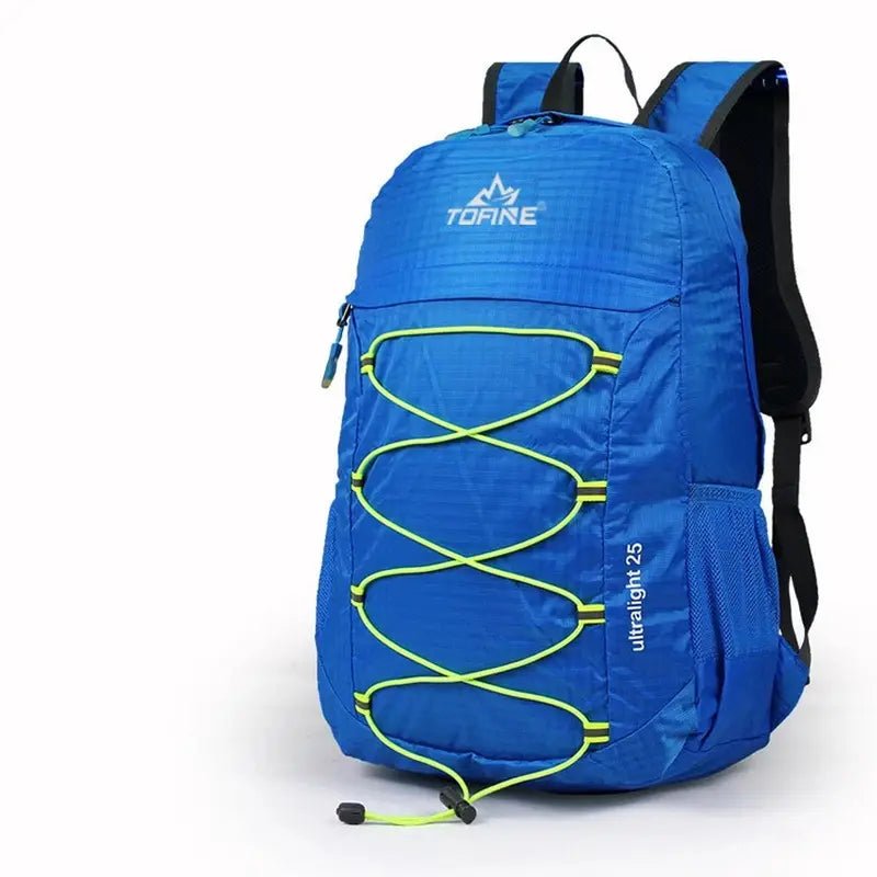 Sac à dos de randonnée ultra-léger 25L bleu avec cordons élastiques jaunes