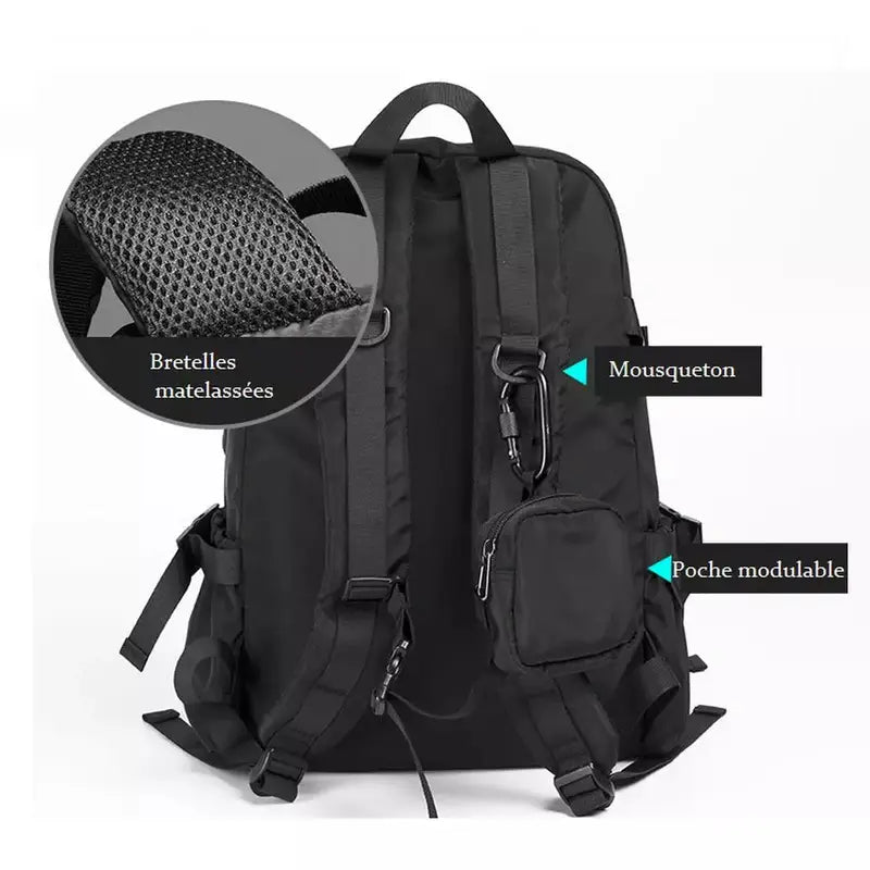Sac à dos de rentrée scolaire noir avec bretelles rembourrées, mousqueton et sac modulable
