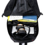Sac à dos de sport Deren noir ouvert avec ordinateur portable, écouteurs et livres