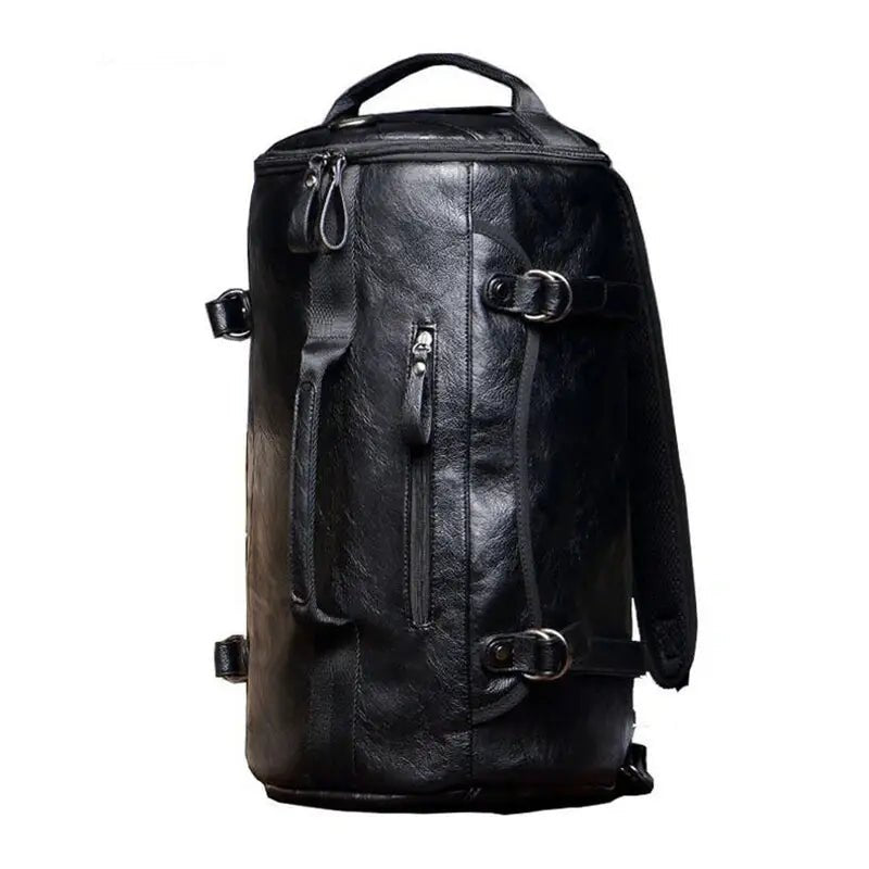 Sac à dos de sport en cuir noir avec plusieurs fermetures éclair et sangles