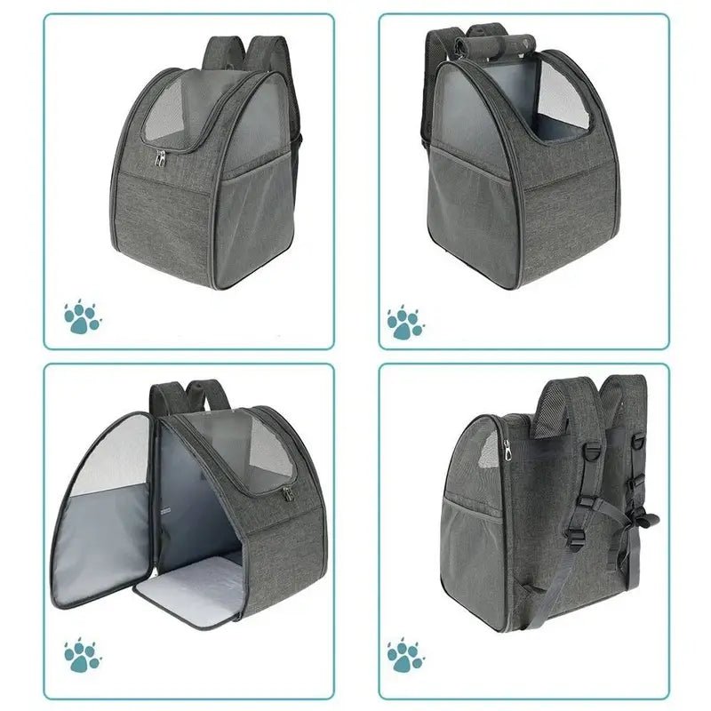 Sac à dos de transport pour chat gris avec fenêtres en mesh et large ouverture