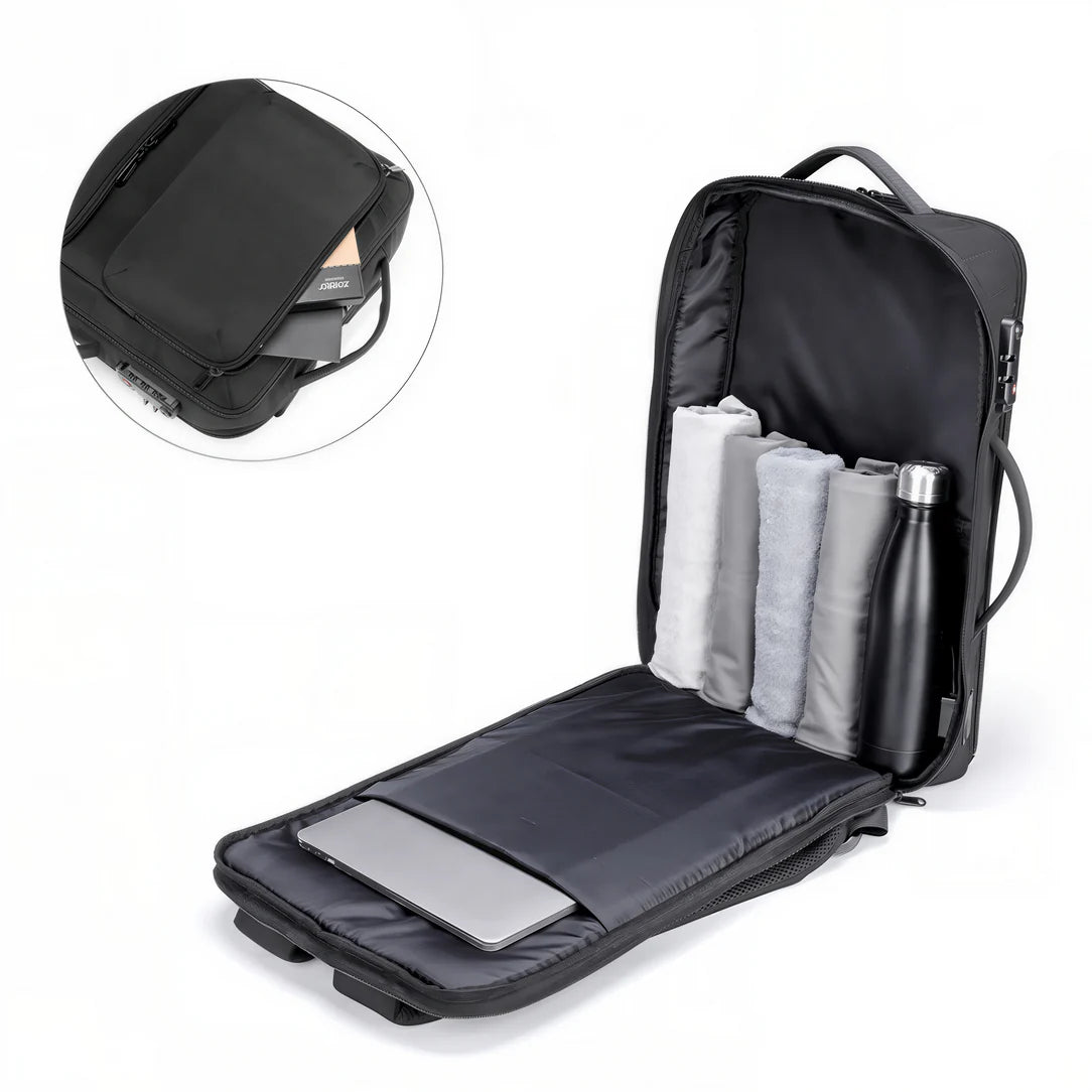 Sac à dos de travail antivol TSA Guardian noir avec compartiments, poche à eau, et sleeve ordinateur