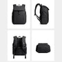 Quatre vues d’un sac à dos de travail femme noir avec rabat et bretelles rembourrées