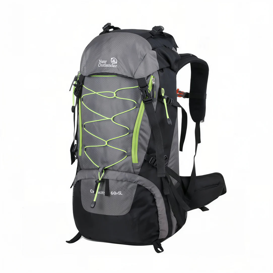 Sac à dos de trekking 65L Outlander gris et noir avec cordons élastiques verts