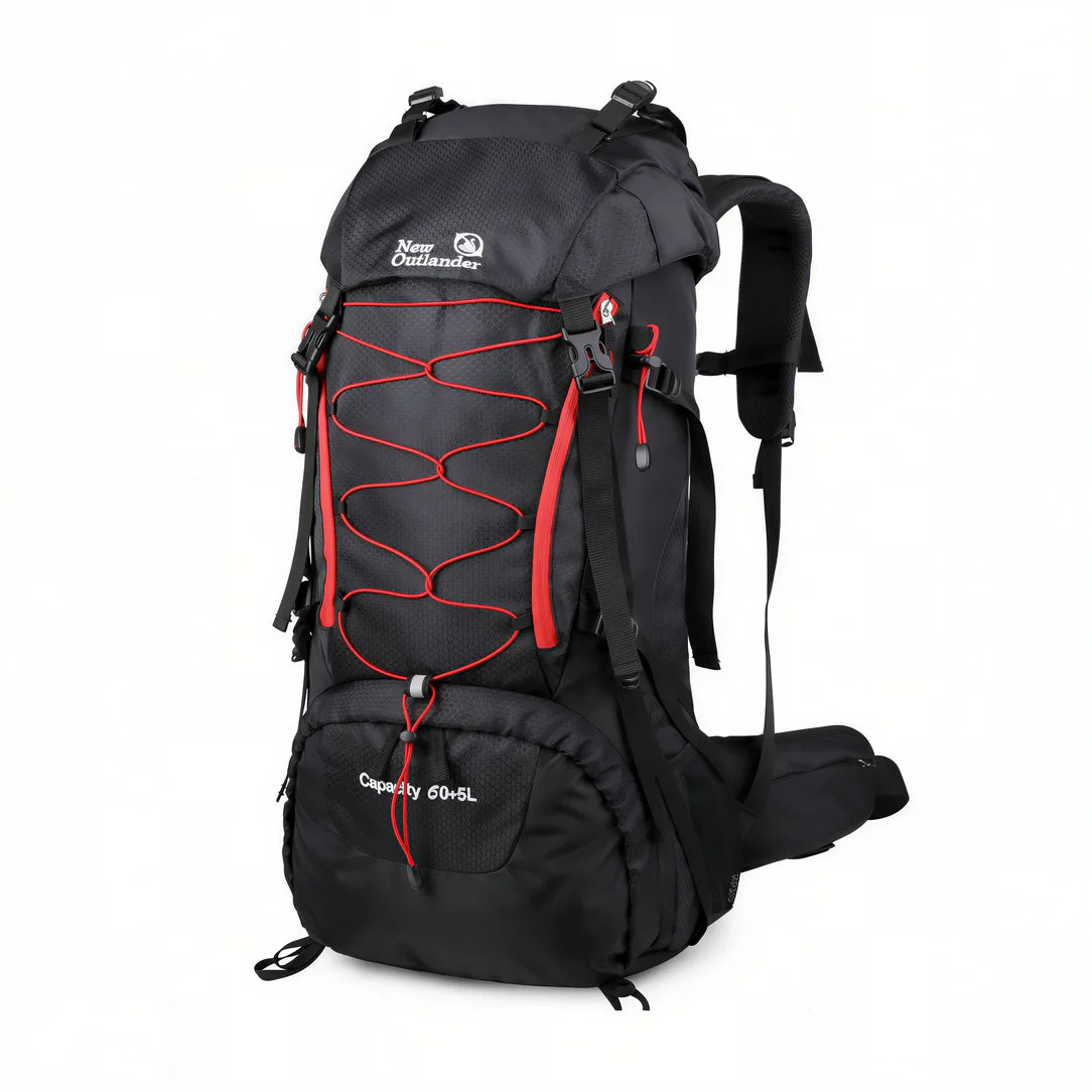 Sac à dos de trekking 65L Outlander noir avec cordons élastiques rouges