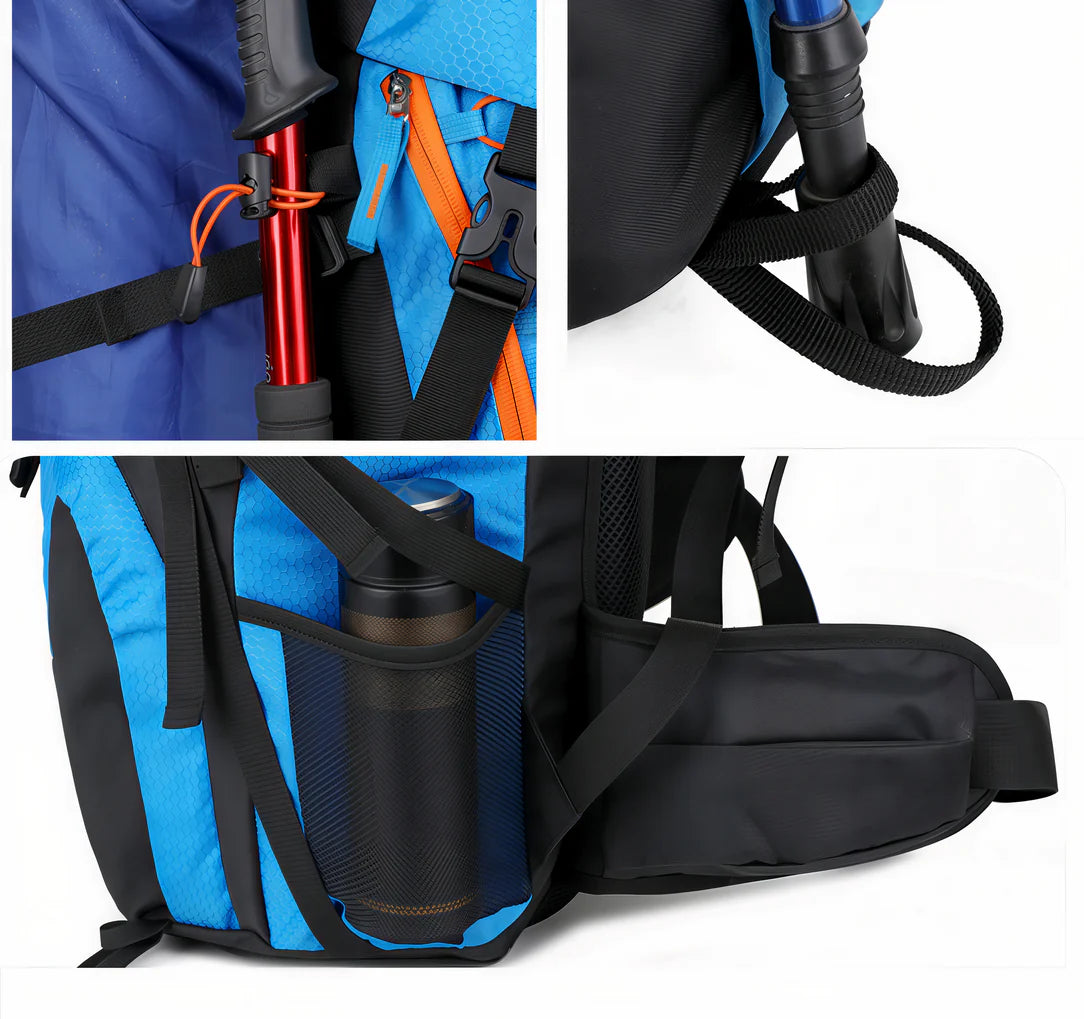Sac à dos de trekking Outlander 65L bleu et noir avec porte-bouteille et attaches bâtons