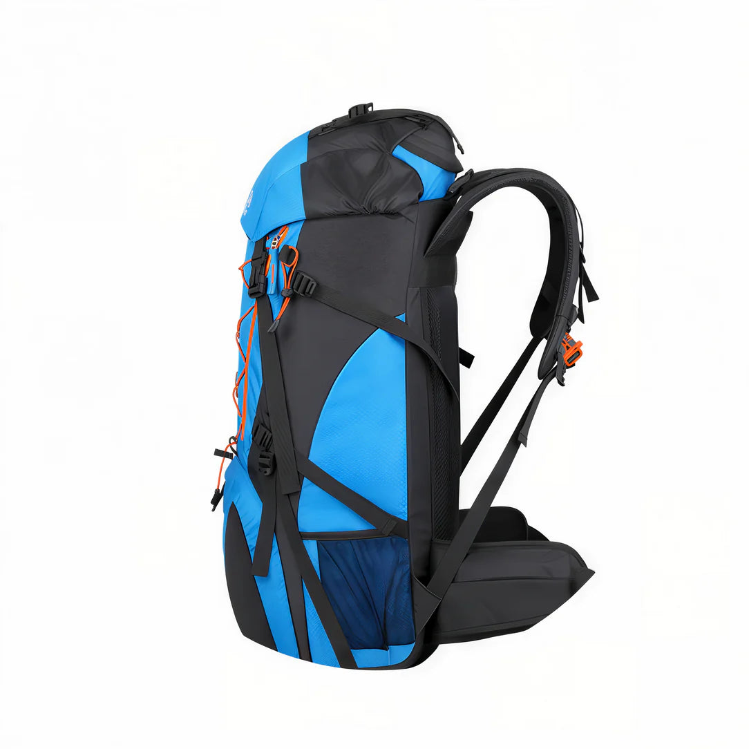 Sac à dos de trekking Outlander 65L en bleu et noir avec accents orange