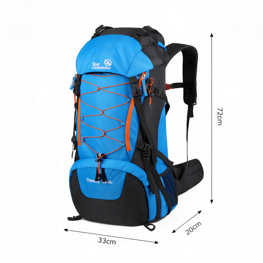 Sac à dos de trekking 65L Outlander bleu et noir avec accents oranges et cordons élastiques