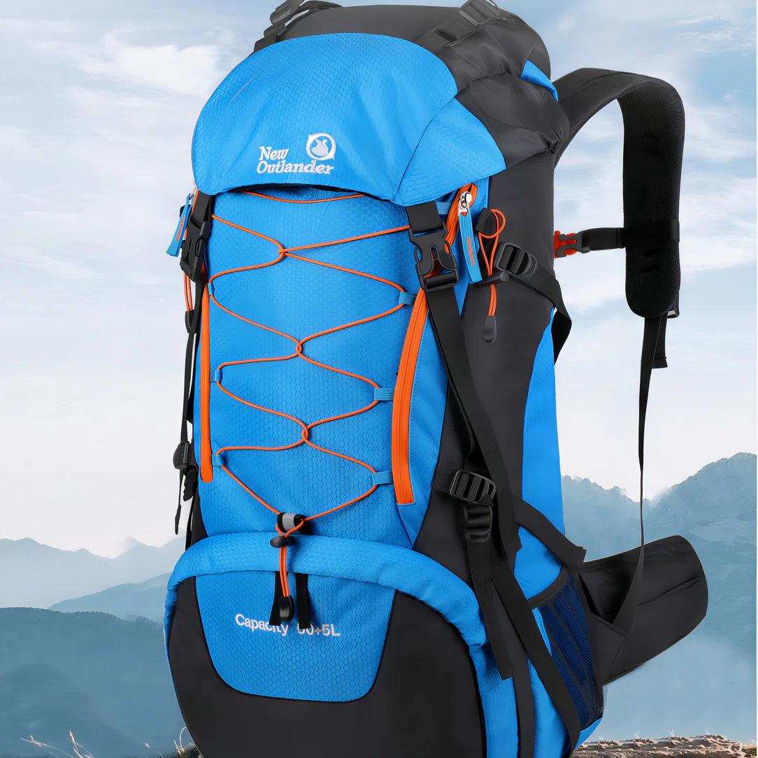 Sac à dos de trekking 65L Outlander en bleu et noir avec accents orange