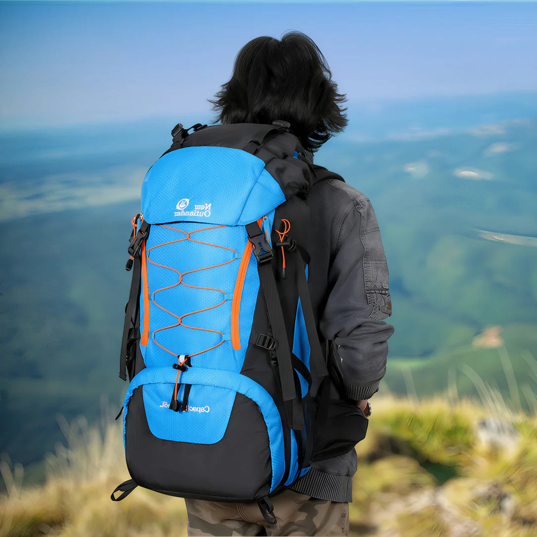 Sac à dos de trekking 65L Outlander bleu et noir avec cordons élastiques orange