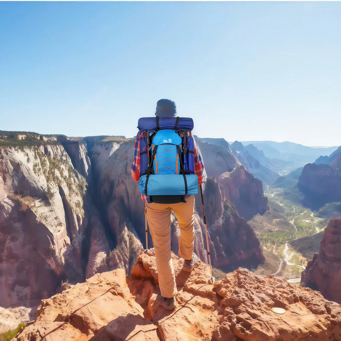 Sac à dos de trekking 65L Outlander bleu avec sac de couchage et matelas attachés