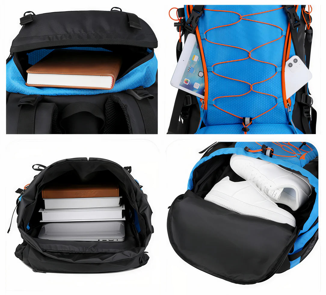 Sac à dos de trekking Outlander 65L noir et bleu avec plusieurs compartiments