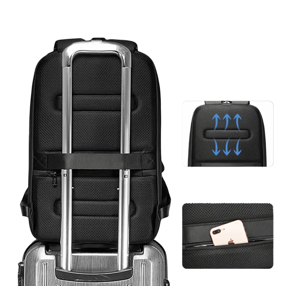 Sac à dos de ville antivol CityGuard noir avec sangle, panneau respirant et poche secrète pour téléphone