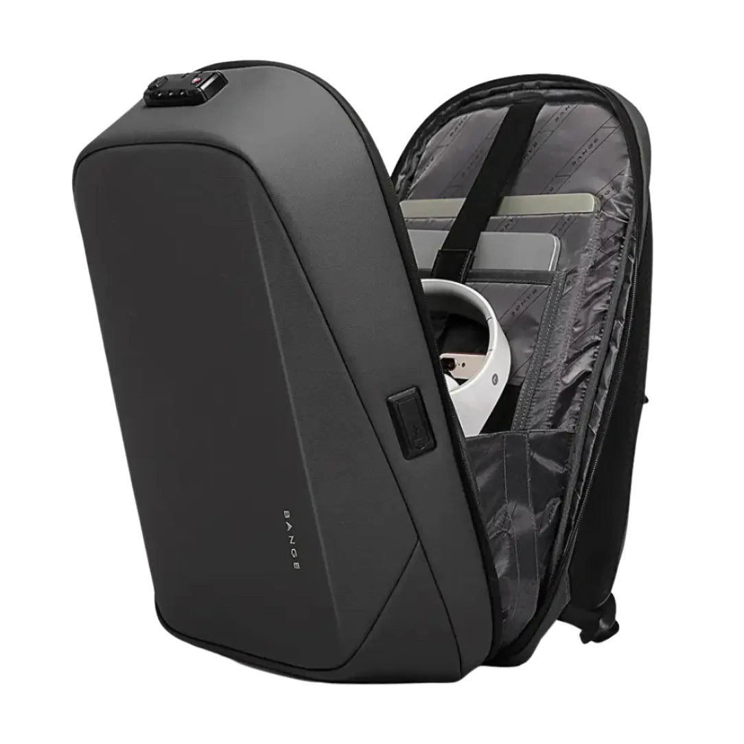 Sac à dos de ville antivol CityGuard ouvert, sombre gris avec compartiments pour électronique