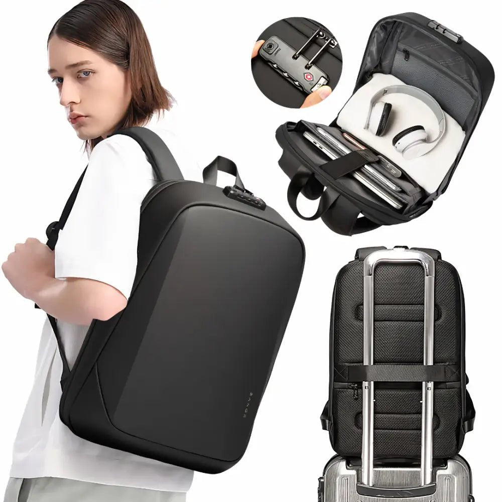 Sac à dos de ville antivol CityGuard noir avec serrure, compartiments tech et sangle luggage
