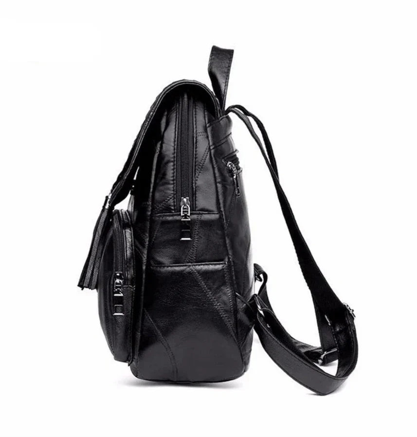Sac à dos de ville similicuir en cuir noir avec plusieurs compartiments zippés
