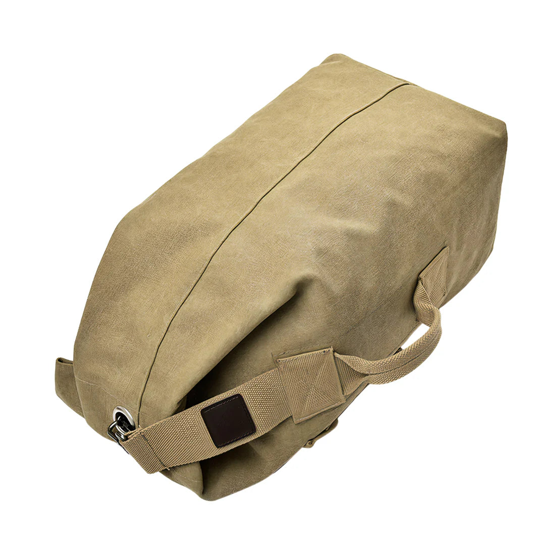 Sac à dos de voyage 40L en toile beige avec sangle robuste et patch cuir marron