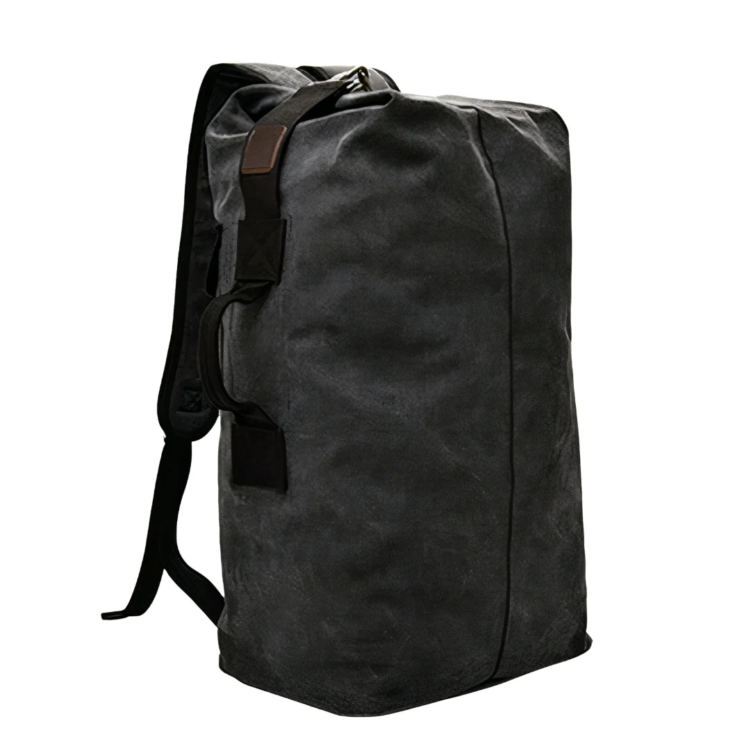 Sac à dos de voyage 40L en toile cirée noire avec accents cuir marron