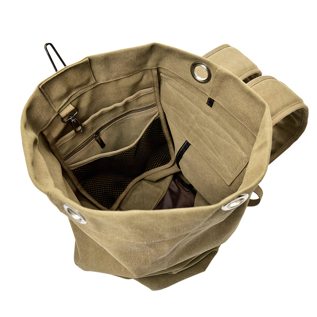 Sac à dos de voyage 40L en toile kaki avec compartiments multiples et œillets métalliques