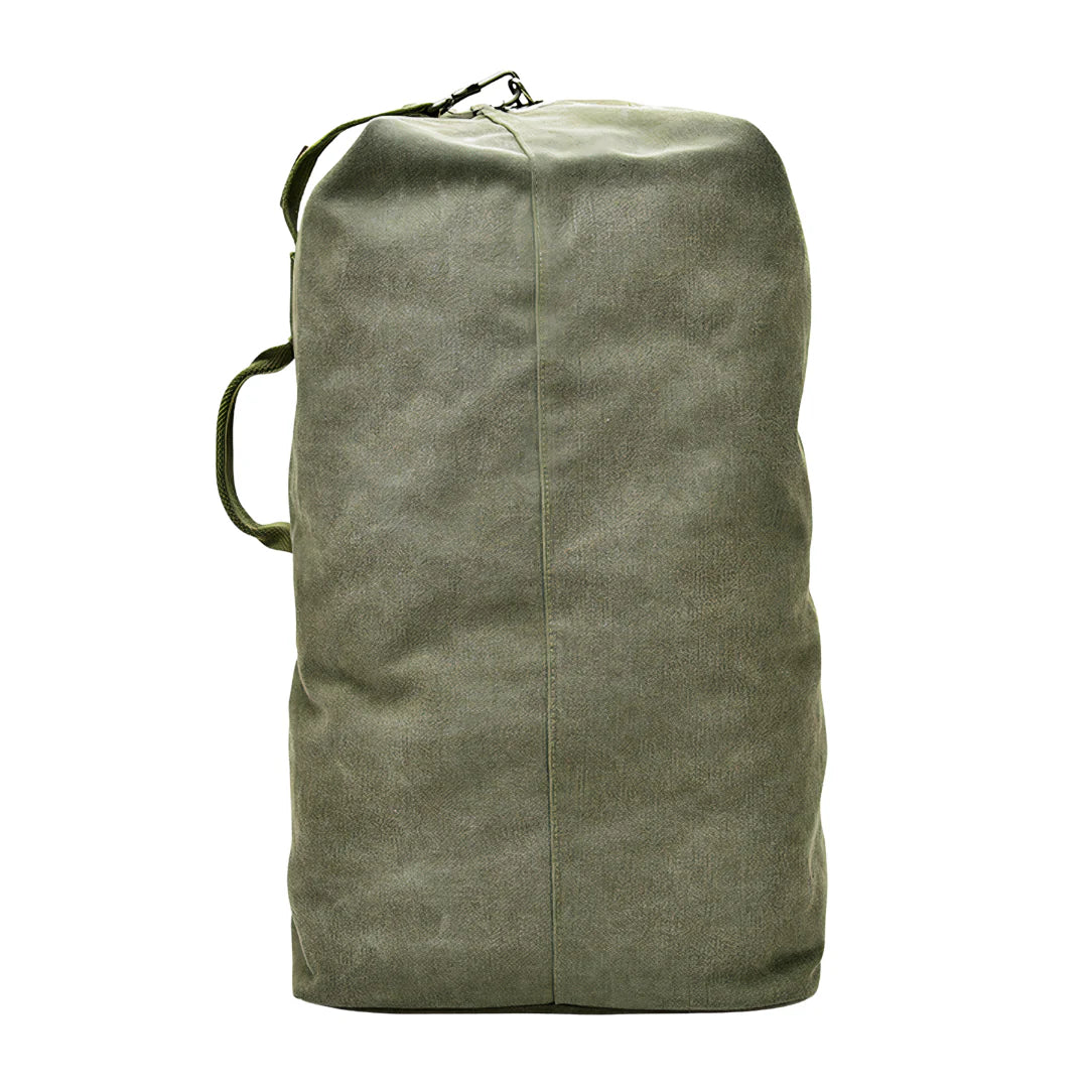 Sac à dos de voyage 40L en toile cirée vert olive avec zip supérieur et poignée latérale