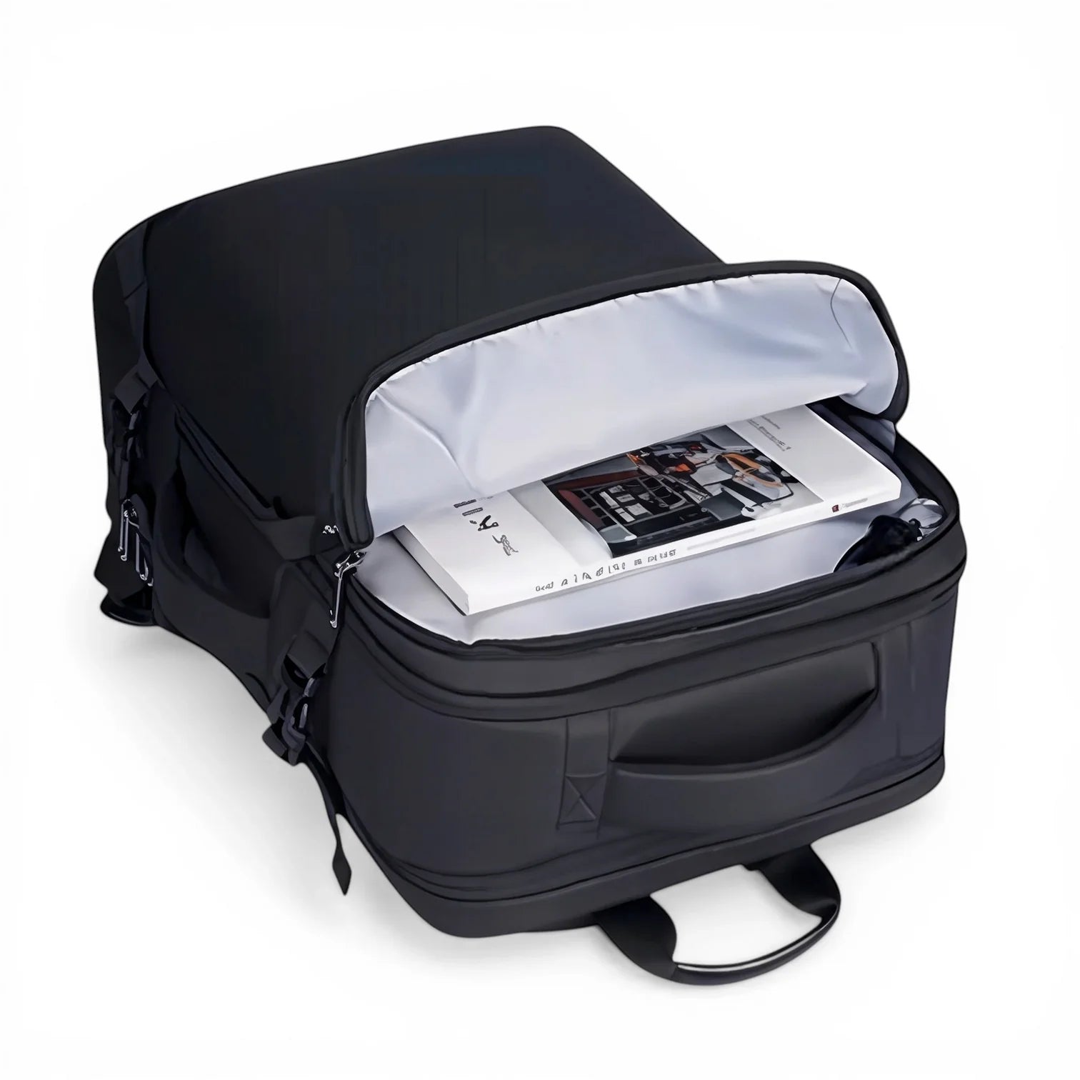 Sac à dos noir nylon 45x35x20 cm 27L design minimaliste zippers argent