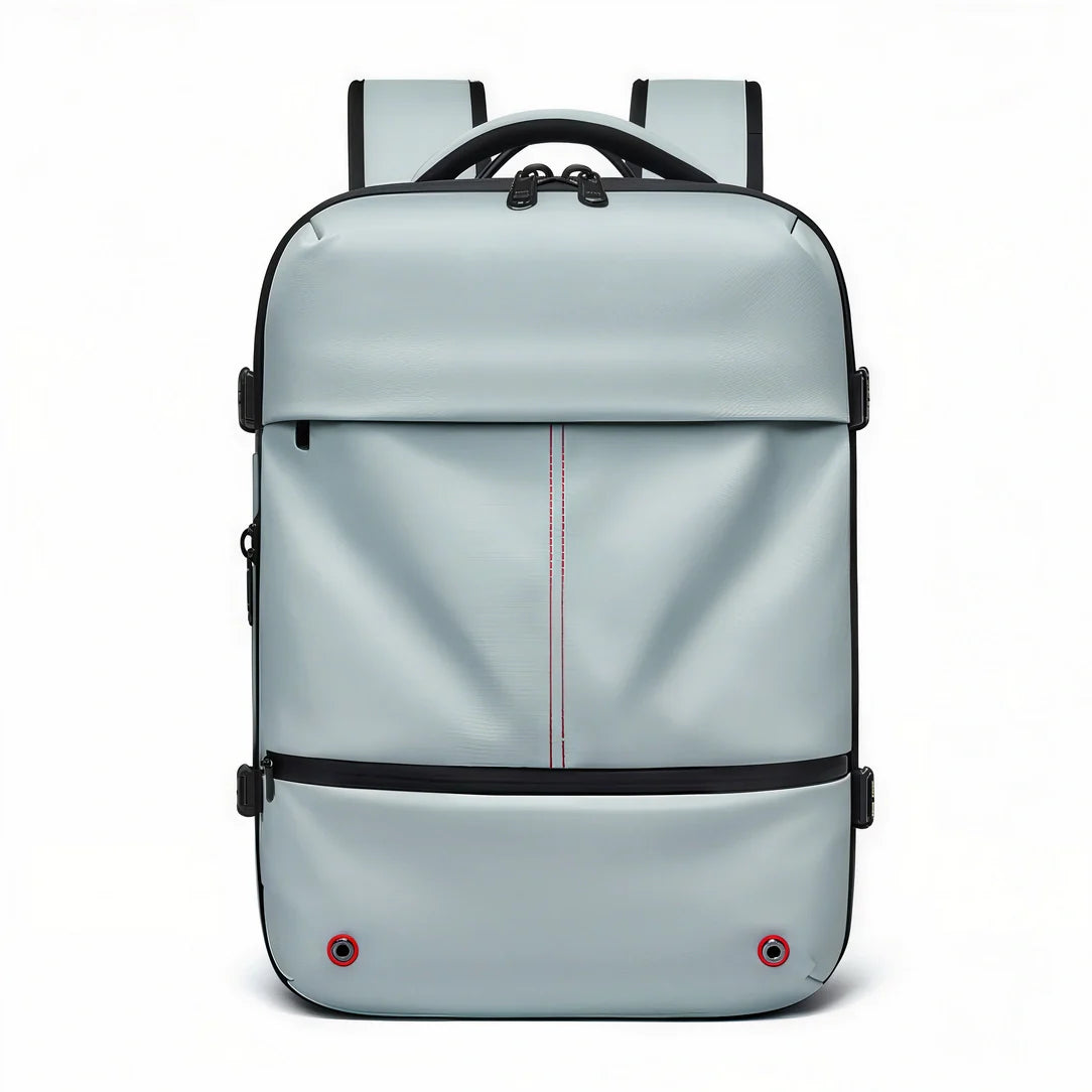Sac à dos de voyage antivol cabine 40L bleu clair avec accents noirs et coutures rouges