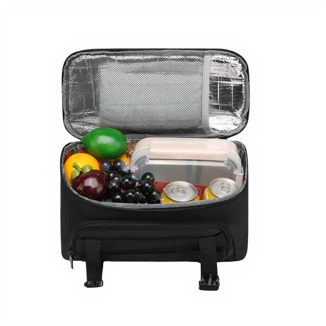 Sac à dos de voyage avec compartiment isotherme, lunch bag noir rempli de fruits et boissons