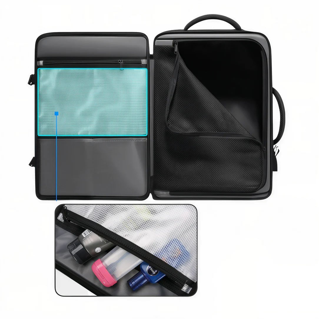 Valise cabine extensible AeroPack 30 ouverte avec compartiments et poche en filet