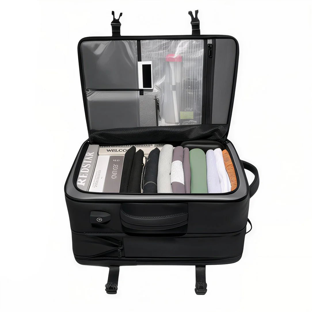 Valise cabine extensible AeroPack 30 avec vêtements, livres et accessoires bien rangés