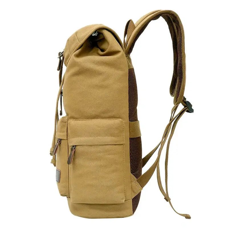 Sac à dos de voyage en toile en canvas tan avec poches frontales et bretelles rembourrées