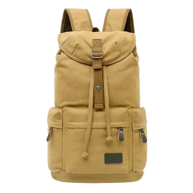 Sac à dos de voyage en toile beige avec sangle à boucle et multiples poches