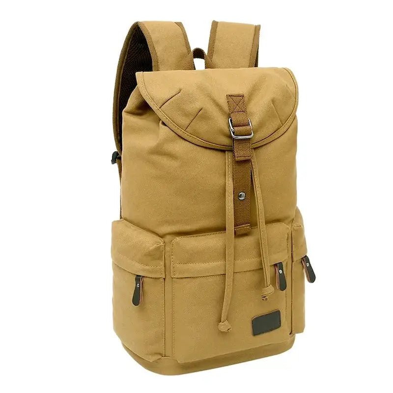 Sac à dos de voyage en toile camel en coton avec cordon, rabat et poches latérales