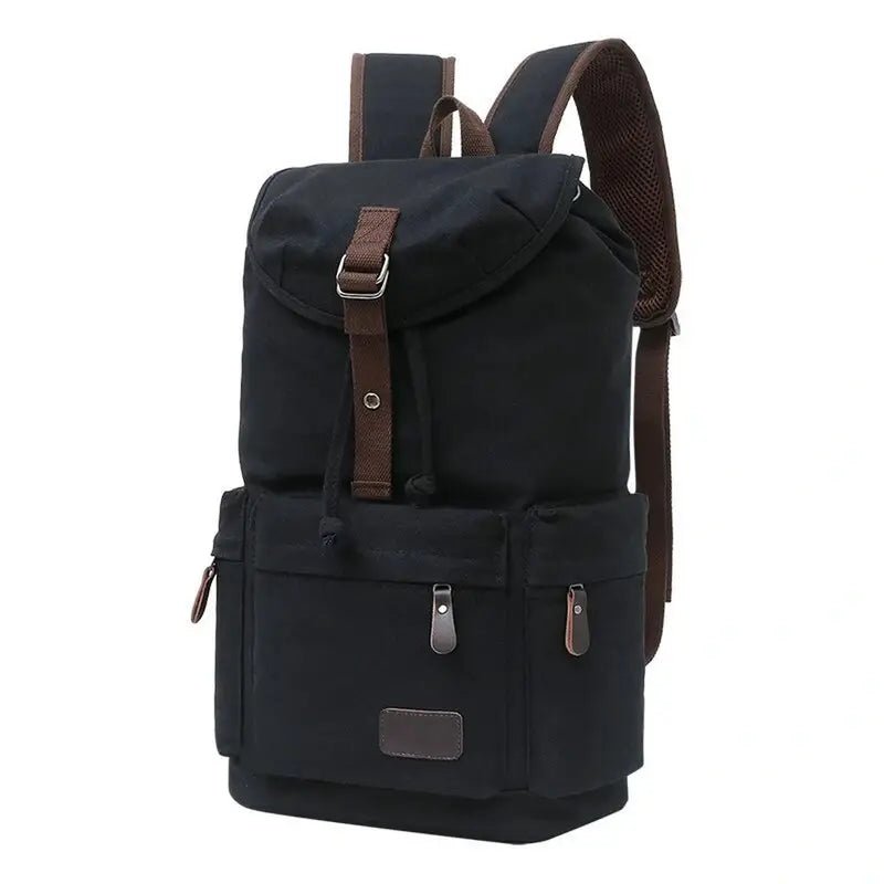 Sac à dos de voyage en toile noir avec accents en cuir marron et multiples poches