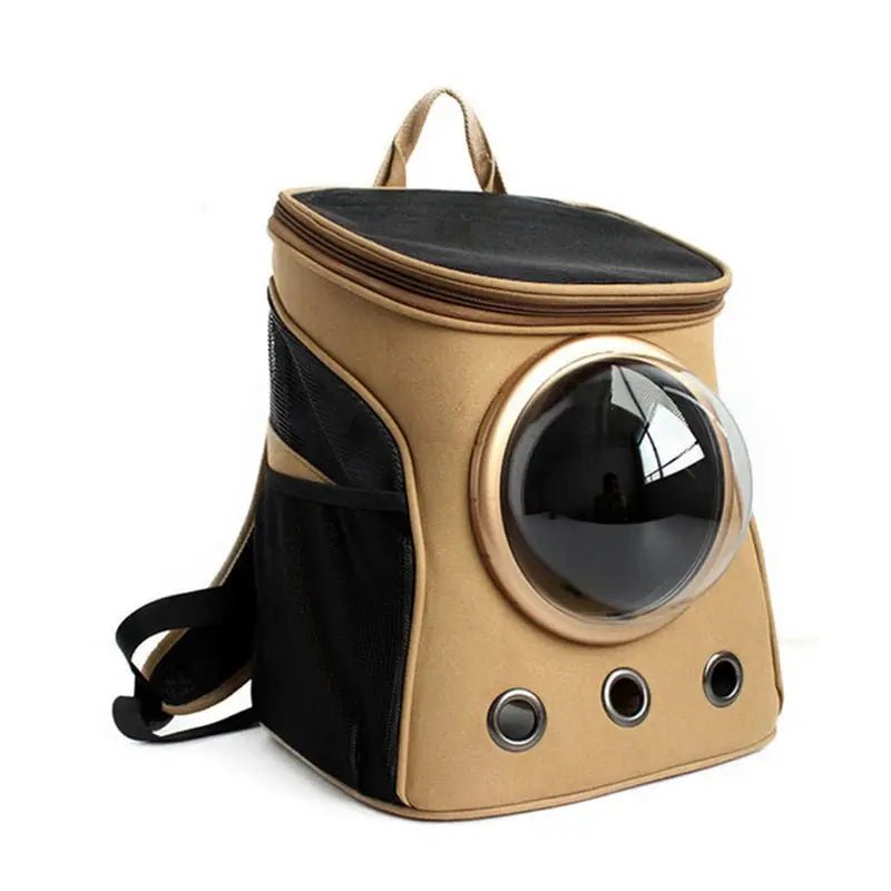Sac à dos de voyage pour chat tan et noir avec fenêtre en bulle transparente