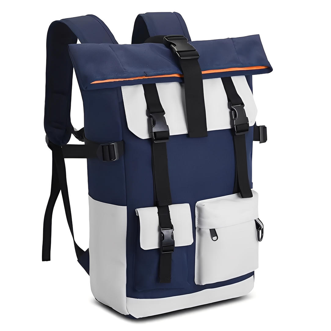 Sac à dos de voyage vintage deux tons navy blue et blanc avec boucles et poches frontales